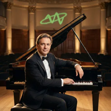 Professional classical musician performing in elegant concert hall with grand piano