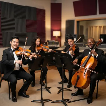 Classical string quartet rehearsing in professional recording studio