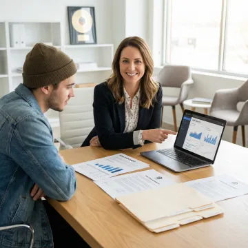 Music publishing professional consulting with artist reviewing royalty statements and contracts