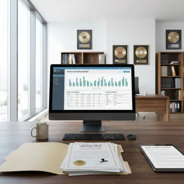 Professional music publishing workspace with copyright documents and royalty statements