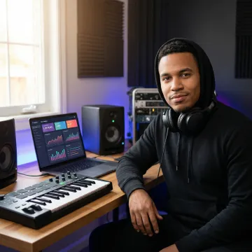 Independent musician working on music distribution and career growth with laptop and studio equipment