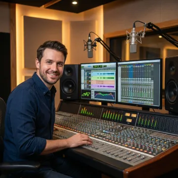 Independent musician recording and producing music in professional studio with digital equipment