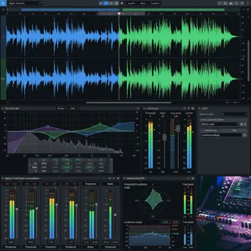 Digital audio waveform with frequency spectrum analysis on professional mastering software interface