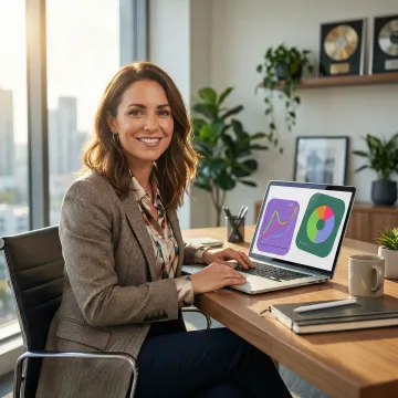 Music professional reviewing Facebook ad performance metrics on laptop