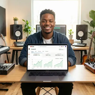 Artist reviewing YouTube analytics and monetization dashboard showing revenue growth