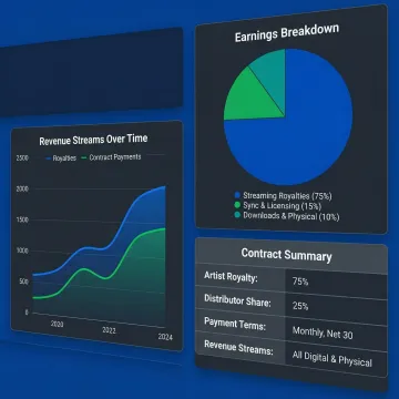 Digital music distribution agreement documentation with royalty breakdown charts