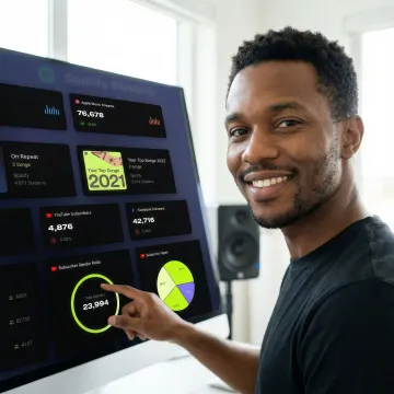 Artist reviewing streaming analytics and royalty earnings on dashboard