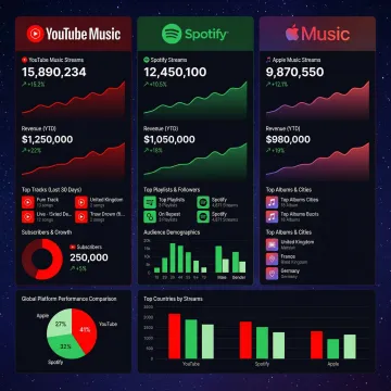 Music distribution dashboard showing YouTube Music and multiple streaming platforms