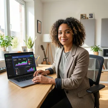 Artist analyzing Spotify streaming analytics dashboard on laptop with promotional campaign graphics