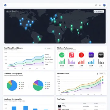 Music streaming analytics dashboard showing global reach