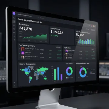 Music streaming analytics dashboard showing iTunes and Apple Music performance