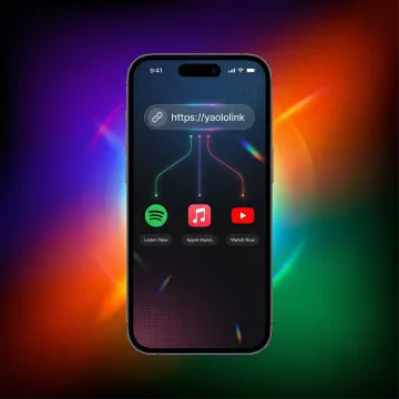 Artist sharing music smart link on smartphone with multiple streaming platform icons