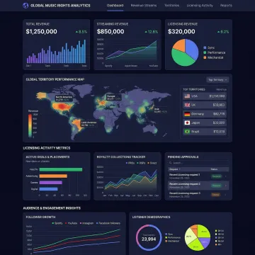 Digital music rights management dashboard displaying global royalty analytics
