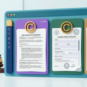 Digital rights management dashboard showing publishing permissions and royalty tracking