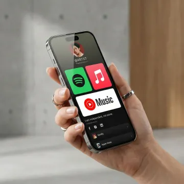 Artist sharing smart link on smartphone with multiple streaming platform icons displayed