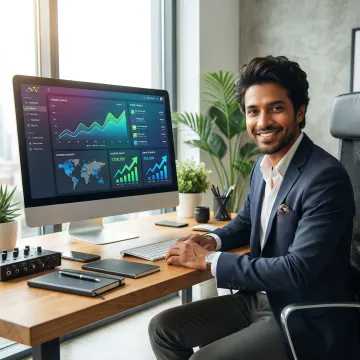 Artist reviewing streaming analytics and performance metrics on laptop