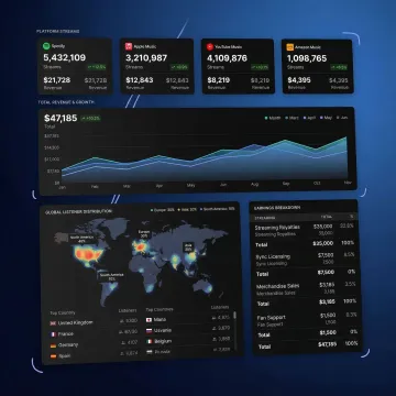 Music royalty analytics dashboard showing streaming revenue growth