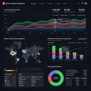 Digital music distribution dashboard showing global streaming analytics and platform connections