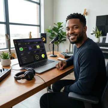 Artist reviewing comprehensive analytics dashboard showing global streaming data and revenue metrics