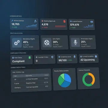 Business licensing dashboard showing music rights management