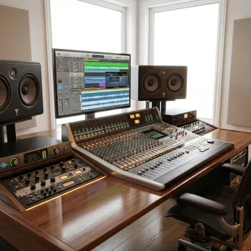Professional music production studio with digital audio workstation and recording equipment