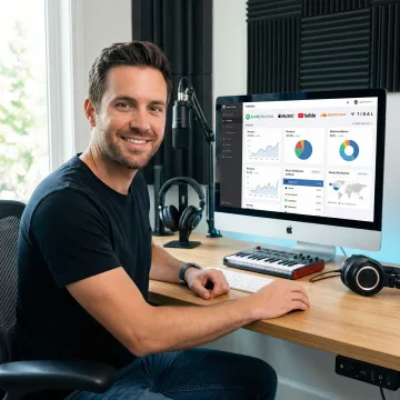 Music artist using professional promotion platform with streaming analytics and global distribution dashboard