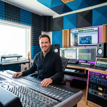 Professional music producer working in modern recording studio with mixing console and monitors