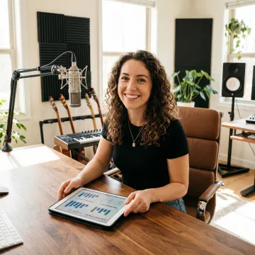 Artist reviewing publishing royalties on tablet with music notes in background