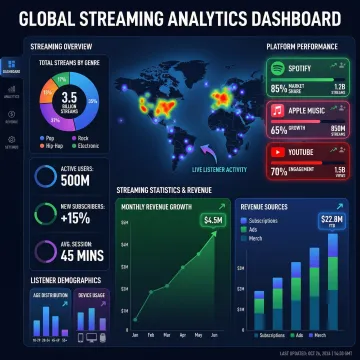 Music analytics dashboard showing streaming data and global reach