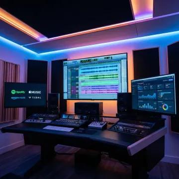 Music producer working on digital audio workstation with advertising campaign dashboard