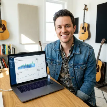 Nashville songwriter reviewing digital royalty dashboard with global earnings breakdown
