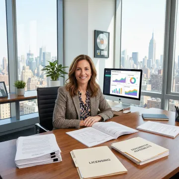 Music publishing professional reviewing contracts and royalty statements in modern NYC office