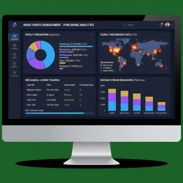 Music publishing dashboard displaying global royalty streams and performance analytics
