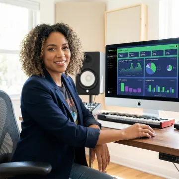 Artist reviewing Spotify playlist analytics on laptop with headphones