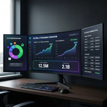Music royalty dashboard displaying streaming analytics and earnings data