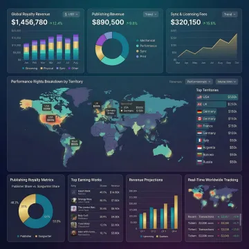 Music publishing dashboard showing global royalty collection and performance analytics
