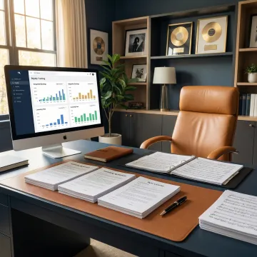 Professional music publishing workspace with contracts and royalty documents in Atlanta studio