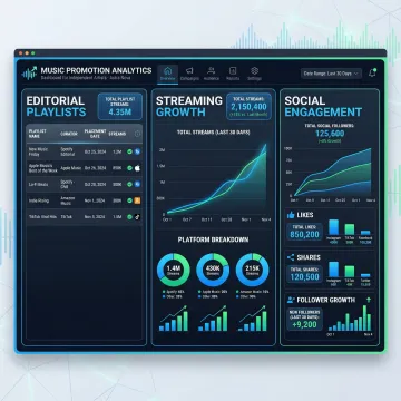 Music PR campaign dashboard showing playlist placements and streaming analytics
