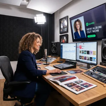 Independent artist recording music in professional studio with PR campaign materials