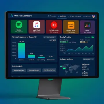 Comprehensive music platform dashboard showing distribution analytics and revenue streams