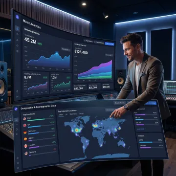 Independent musician reviewing streaming analytics and royalty earnings on digital dashboard