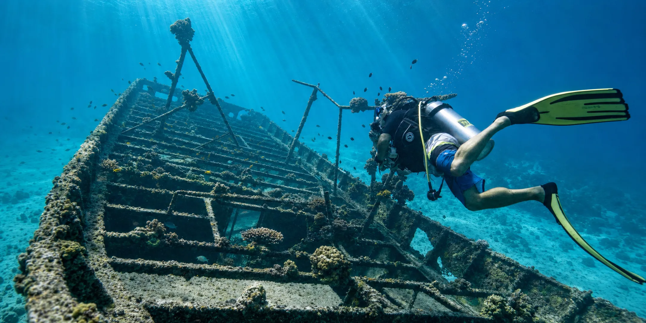 Scuba diver exploring Raiatea wreck and pass diving sites