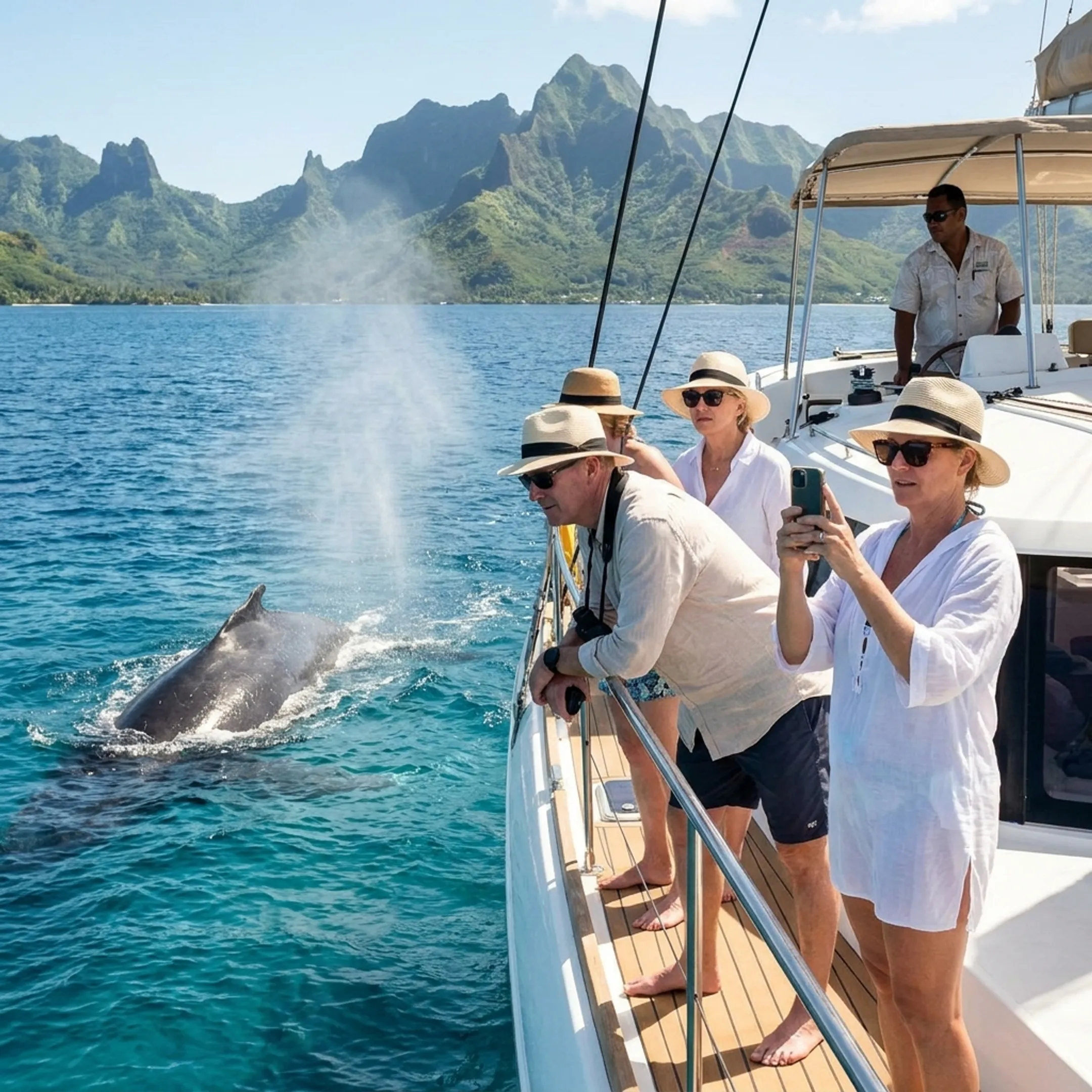 Travelers watching whales from a boat near Moorea