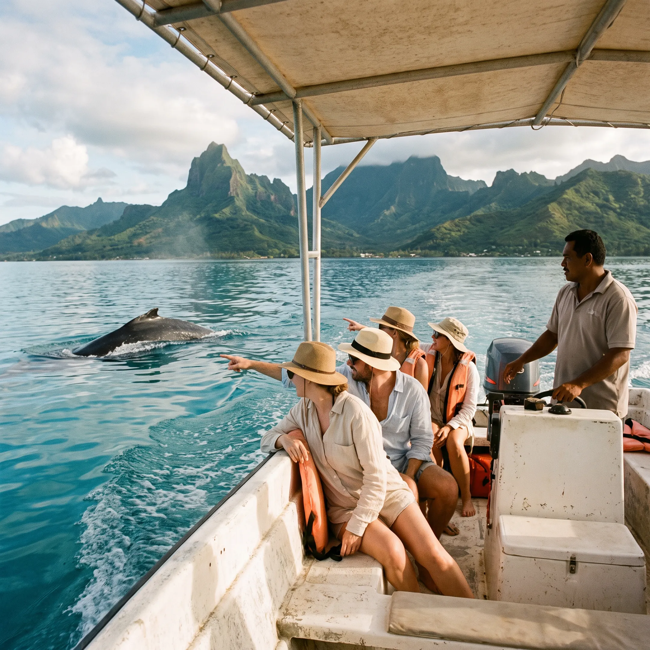 Whale watching boat cruising near Moorea with mountains in the background
