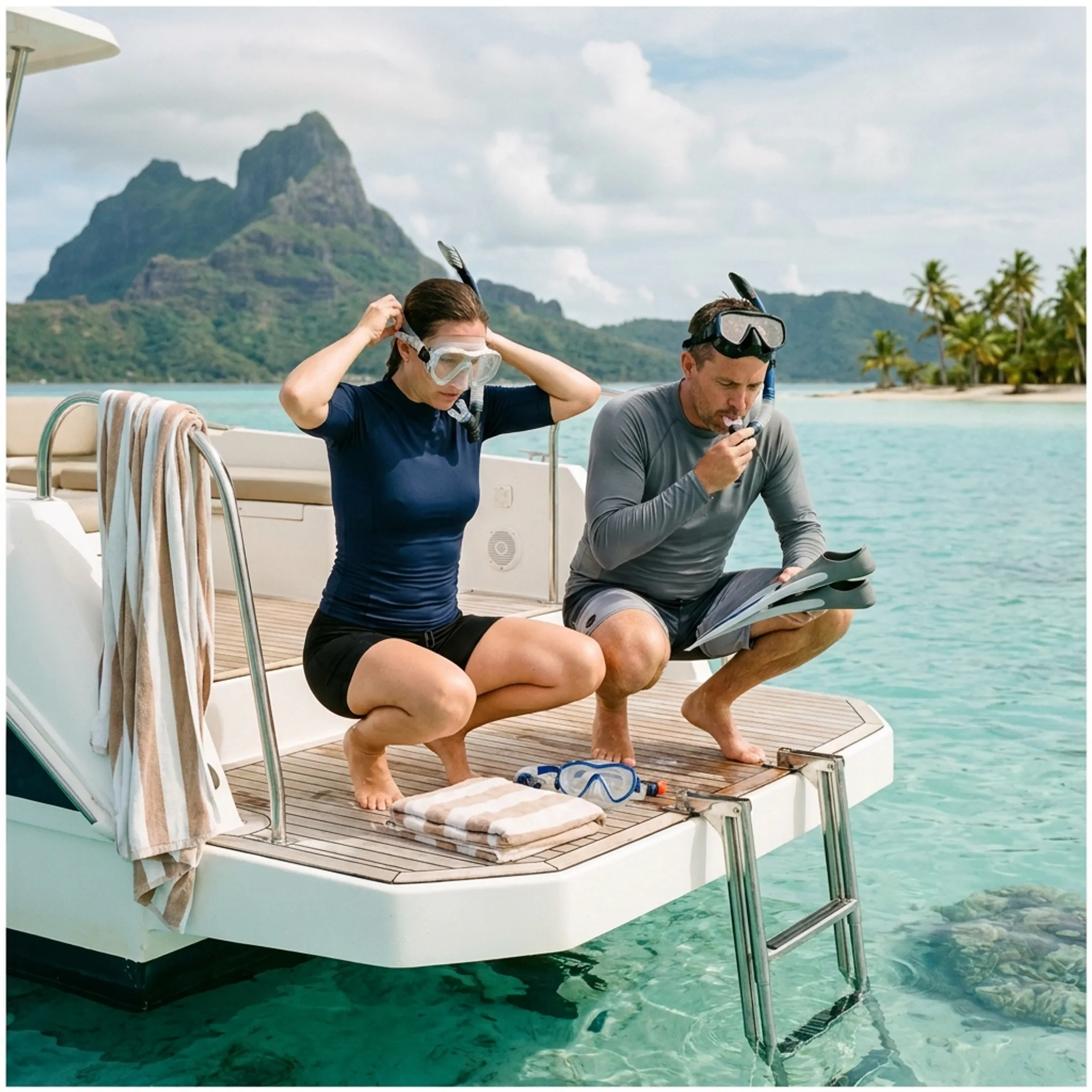 Travelers snorkeling from a private boat in Bora Bora lagoon