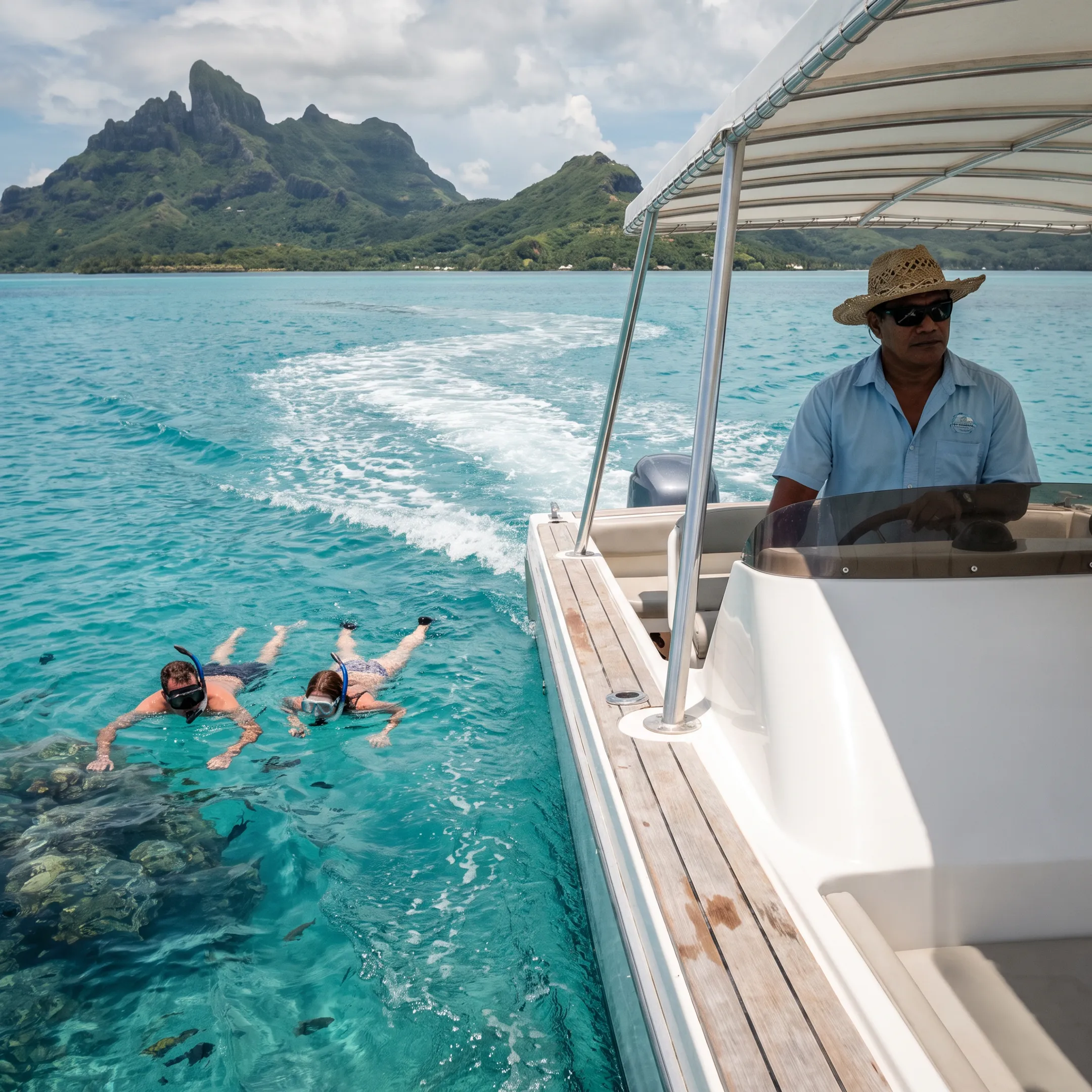 Private boat gliding across Bora Bora lagoon near a snorkeler and tropical reef
