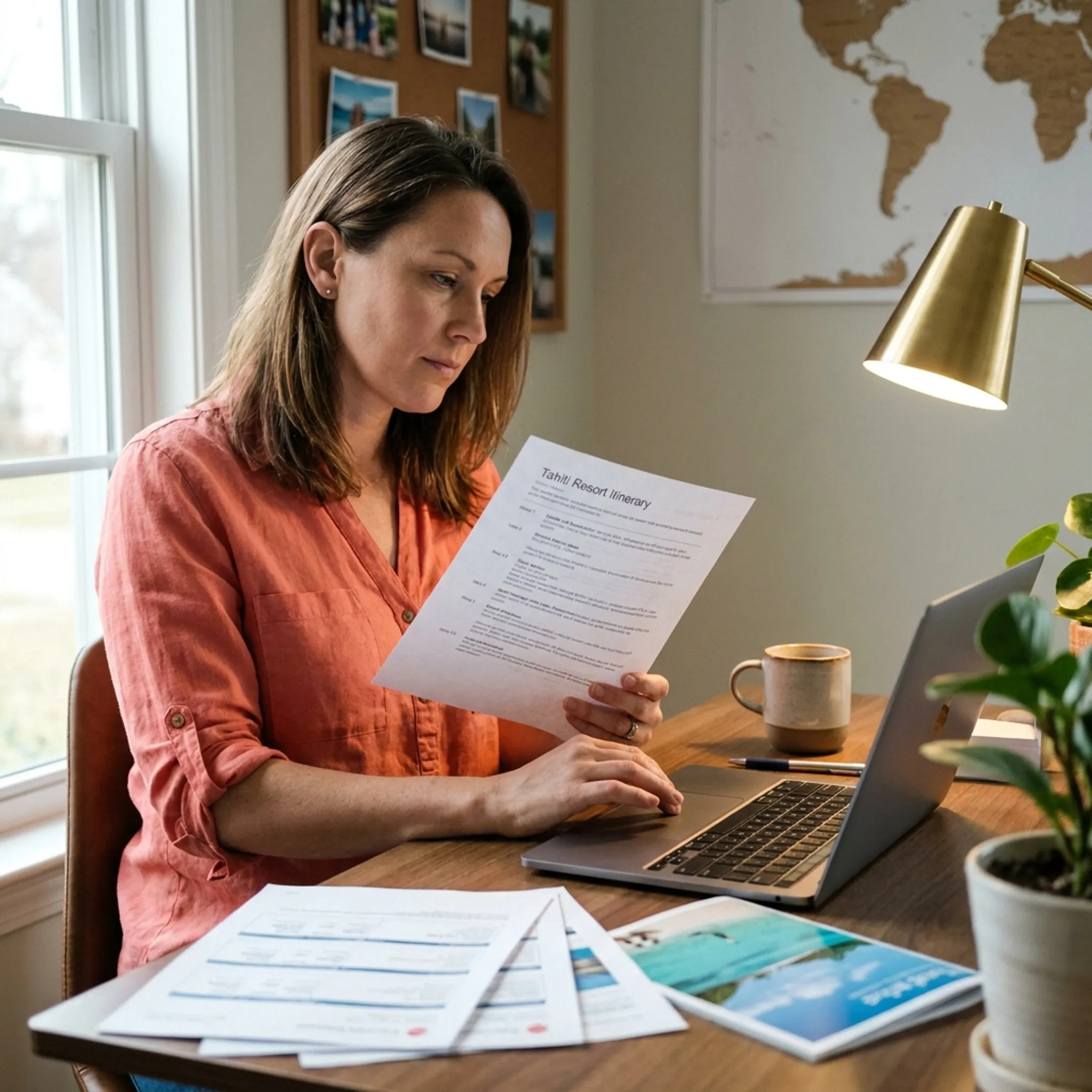 Travel advisor planning a Tahiti resort vacation with itinerary documents