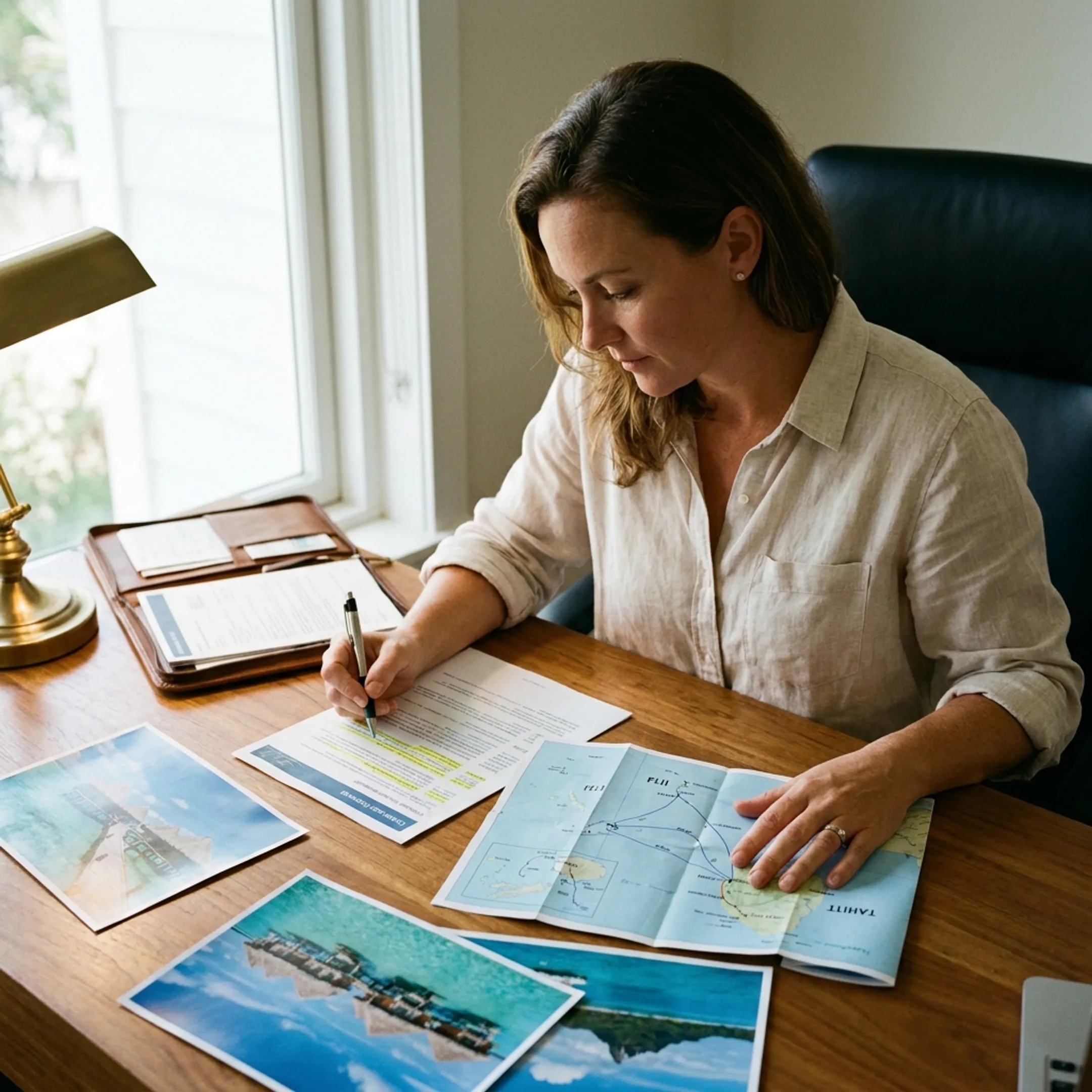 Travel specialist planning a South Pacific cruise itinerary beside island photographs