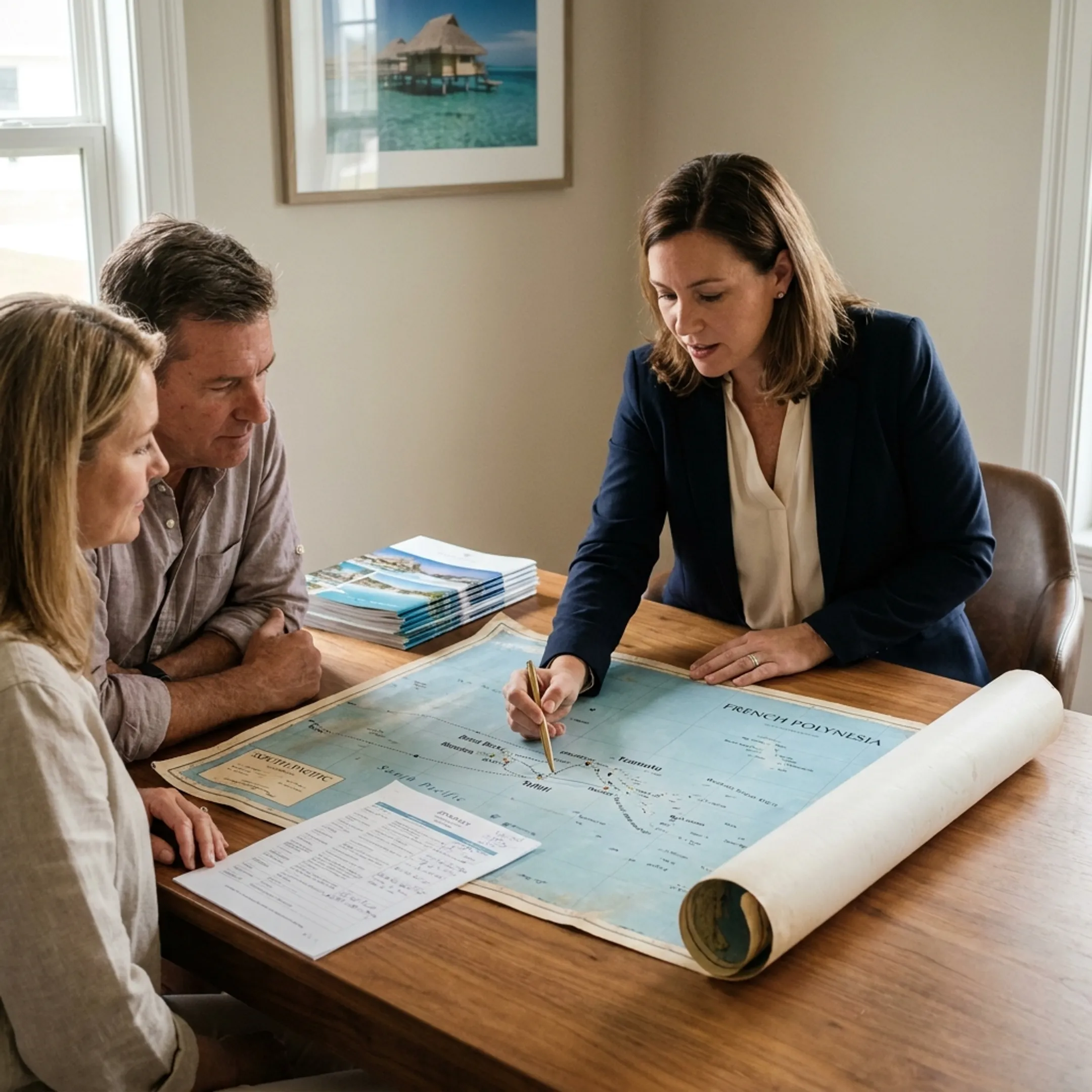 Travel advisor reviewing a South Pacific cruise itinerary with a couple