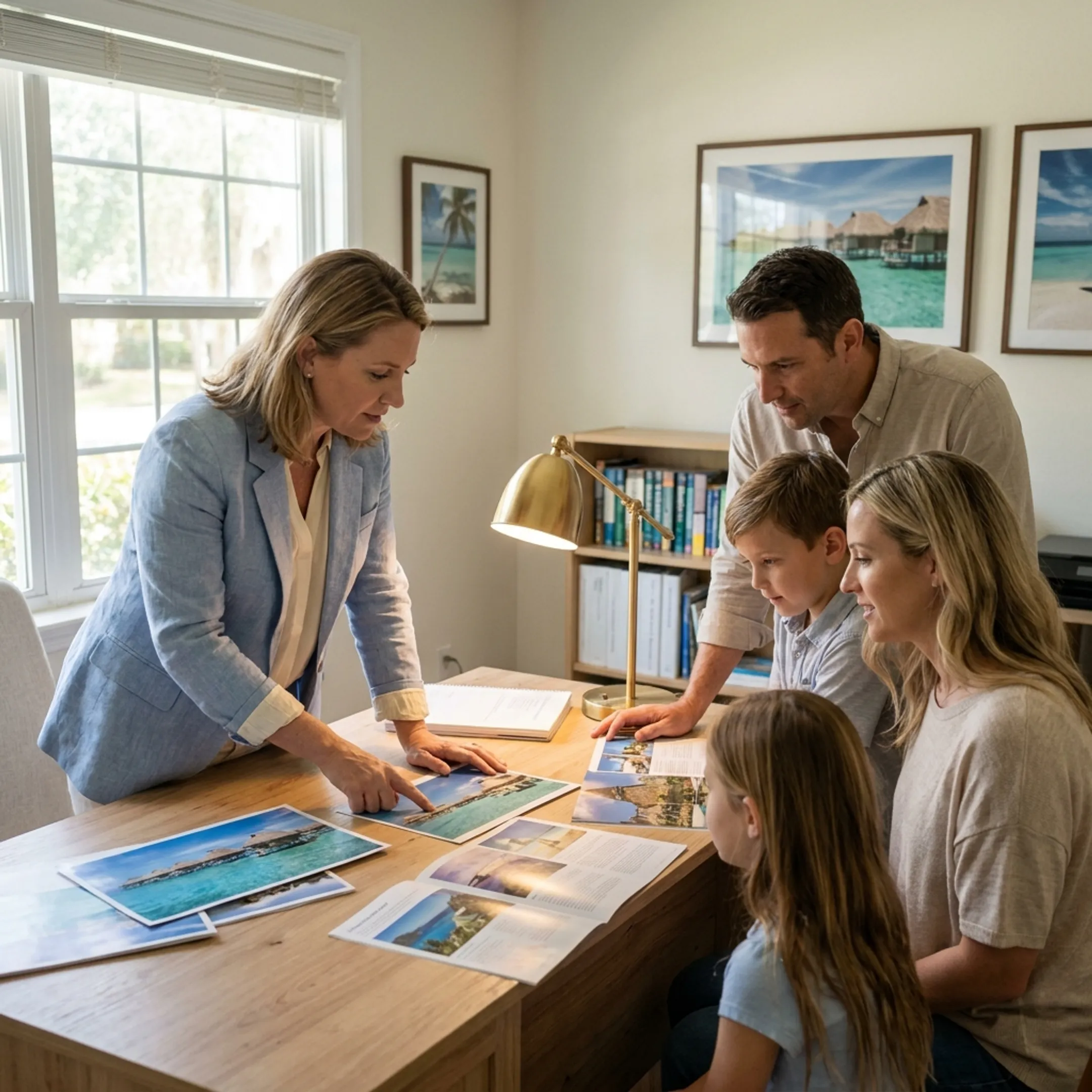 Travel advisor helping a family plan a tropical bungalow vacation